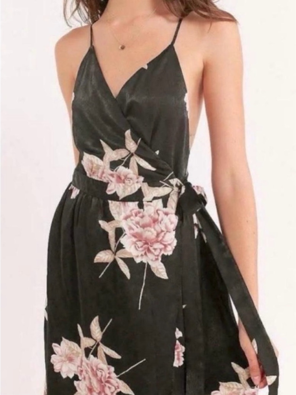 Urban Outfitters Black Strapless Floral Wrap Dress with Pink Blooms